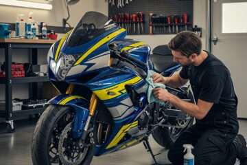 Homme nettoyant une moto sport Yamaha avec kit déco bleu, jaune et blanc dans un garage, produits d'entretien à ses côtés.