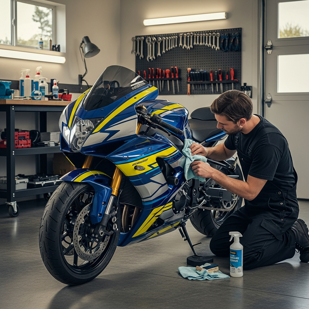 Homme nettoyant une moto sport Yamaha avec kit déco bleu, jaune et blanc dans un garage, produits d'entretien à ses côtés.