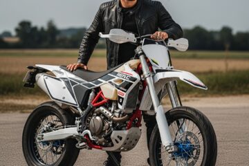 Homme en blouson de cuir posant avec une moto supermotard blanche et noire personnalisée, jantes bleues