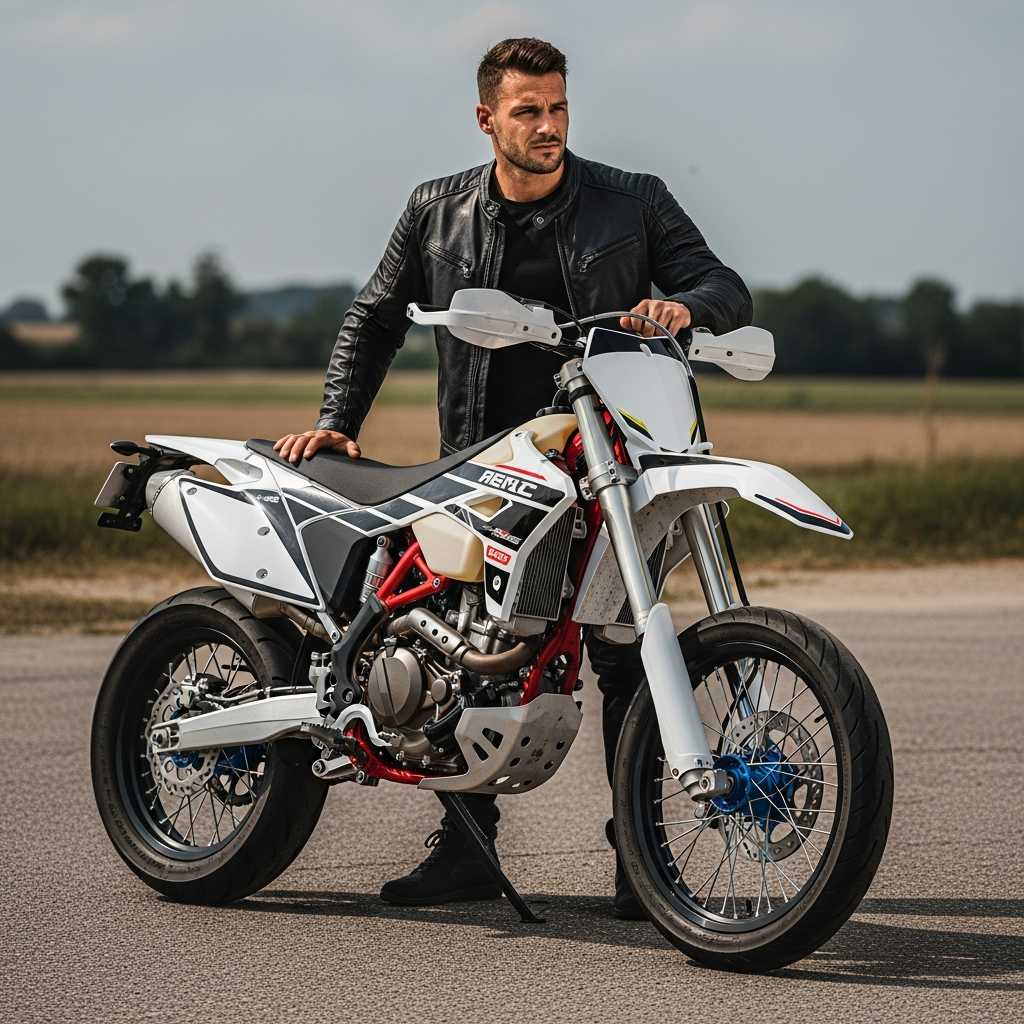 Homme en blouson de cuir posant avec une moto supermotard blanche et noire personnalisée, jantes bleues