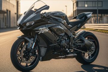 Moto sport Yamaha R1 noire avec kit déco vinyle effet carbone et jantes rouges, personnalisation au Maroc