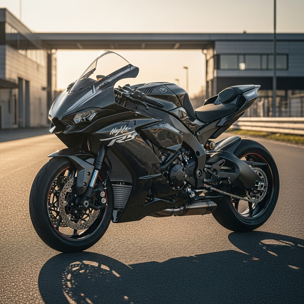 Moto sport Yamaha R1 noire avec kit déco vinyle effet carbone et jantes rouges, personnalisation au Maroc