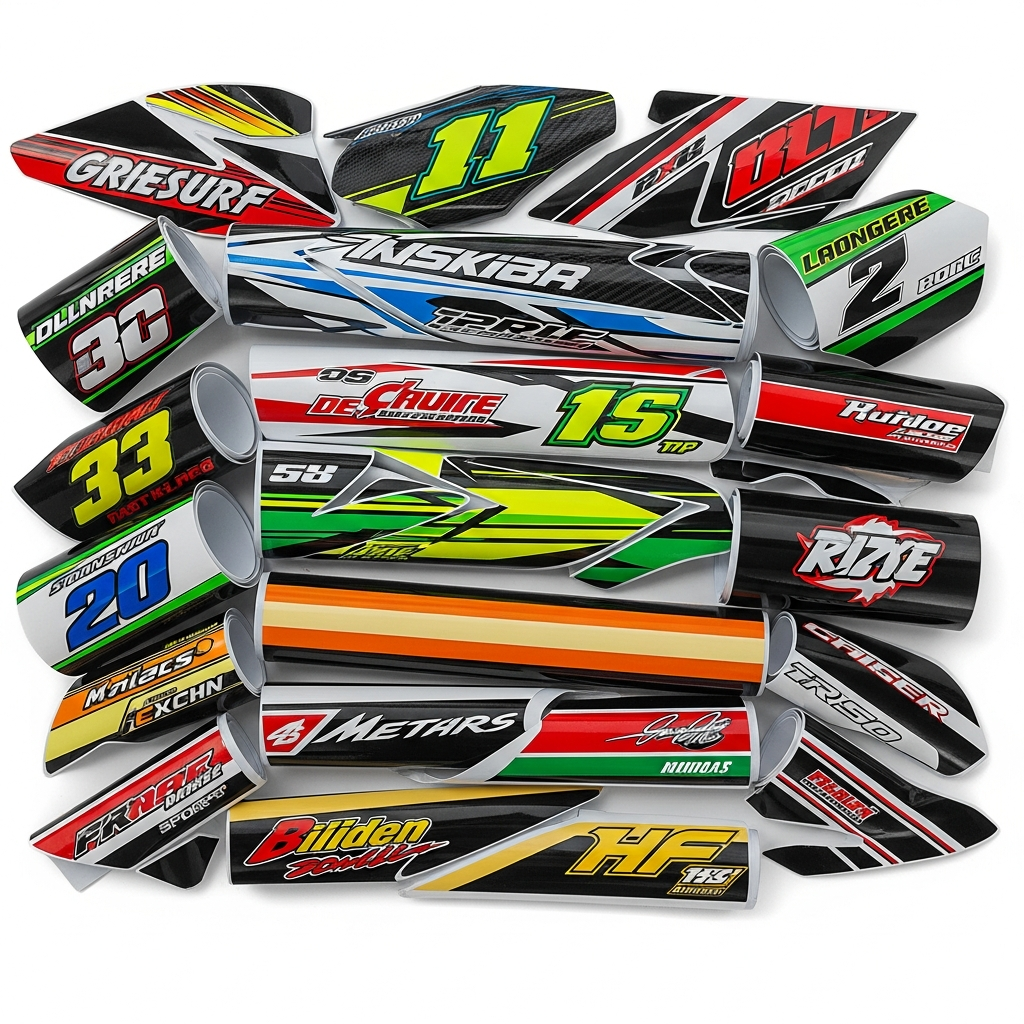 Collection variée de kits de décoration moto en vinyle haute résistance, présentant des designs sportifs, des numéros de course et des logos, pour personnaliser et protéger les motos au Maroc.