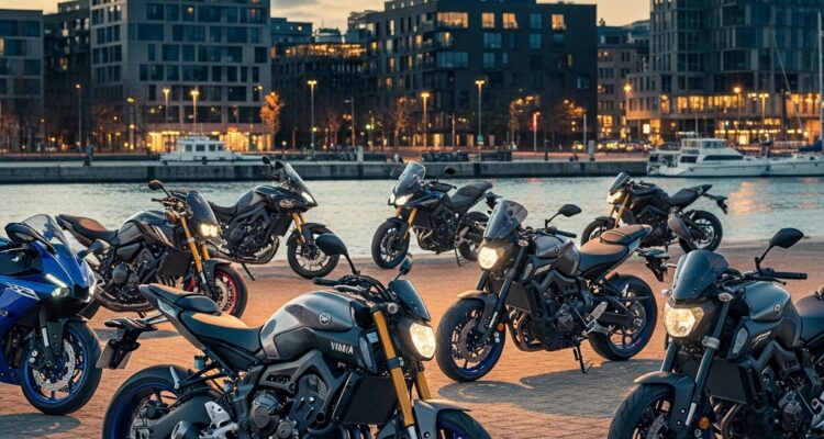 Groupe de motos Yamaha sur un quai au coucher du soleil
