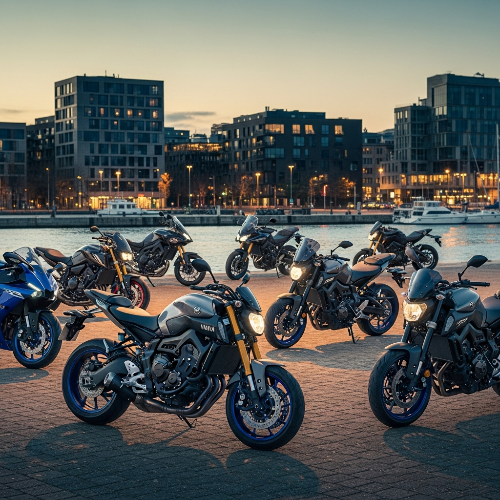 Groupe de motos Yamaha sur un quai au coucher du soleil